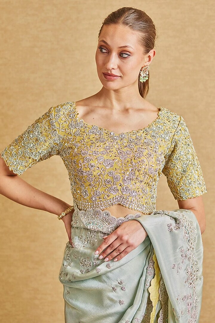 Teal Organza Embroidered Scalloped Reception Saree Set by OSAA By Adarsh at Pernia's Pop Up Shop
