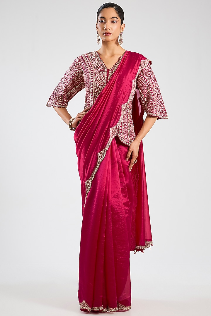 Cut Ruby Mulberry Silk Wedding Saree Set by OSAA By Adarsh at Pernia's Pop Up Shop