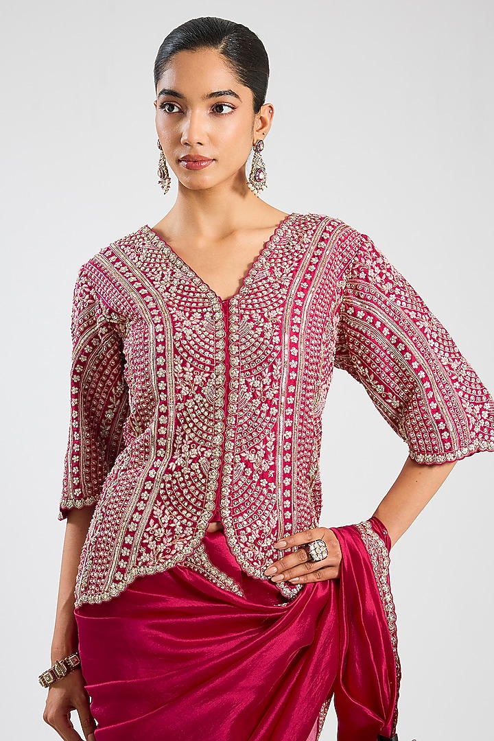 Cut Ruby Mulberry Silk Wedding Saree Set by OSAA By Adarsh at Pernia's Pop Up Shop