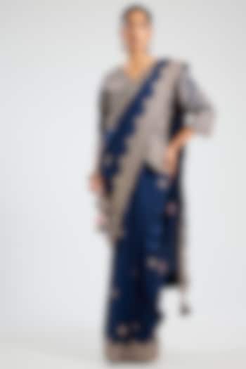 Midnight Blue Mulberry Silk Reception Saree Set by OSAA By Adarsh at Pernia's Pop Up Shop