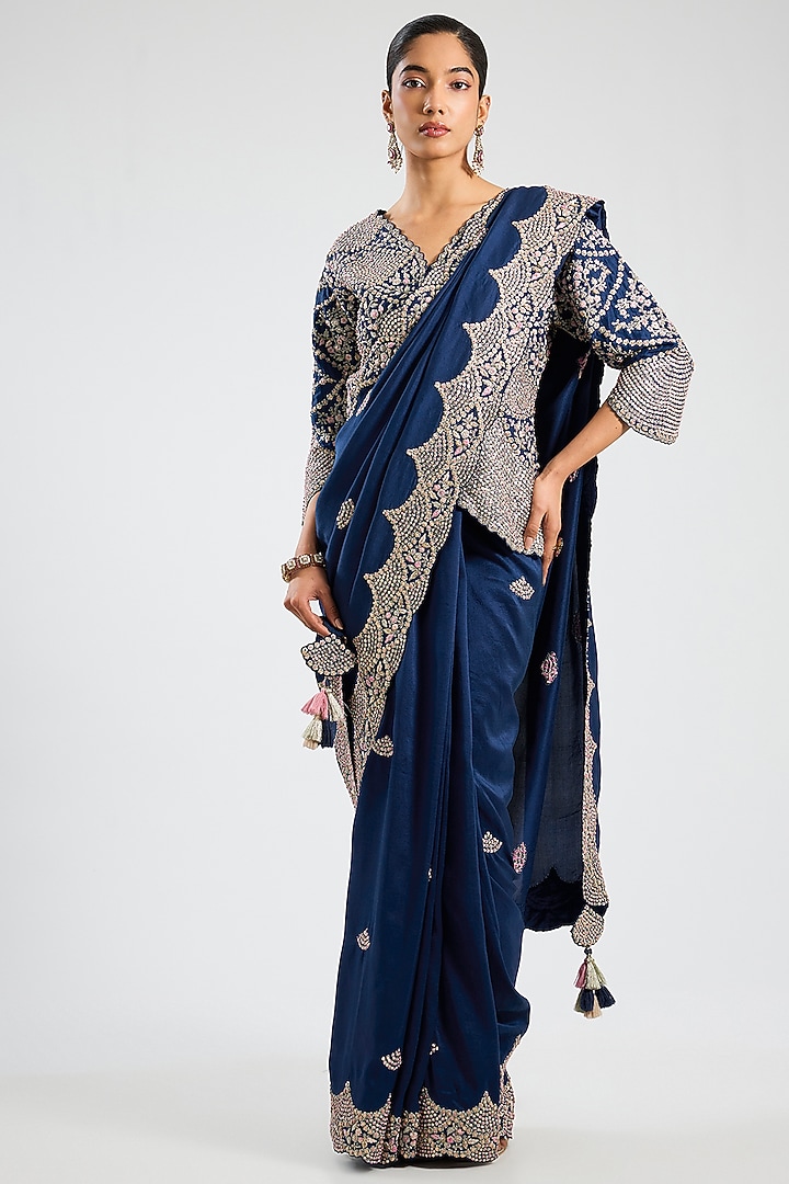 Midnight Blue Mulberry Silk Reception Saree Set by OSAA By Adarsh at Pernia's Pop Up Shop