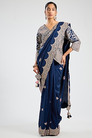 Midnight Blue Mulberry Silk Saree Set by OSAA By Adarsh