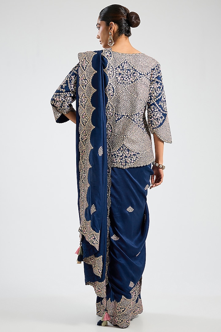 Midnight Blue Mulberry Silk Reception Saree Set by OSAA By Adarsh at Pernia's Pop Up Shop