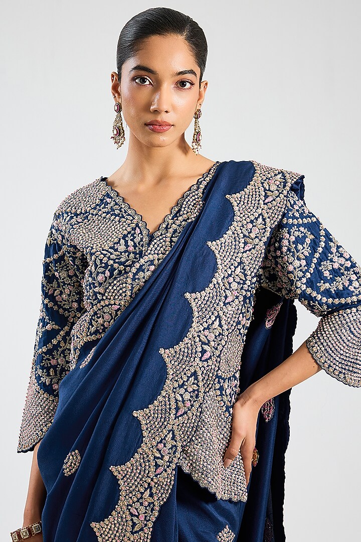 Midnight Blue Mulberry Silk Reception Saree Set by OSAA By Adarsh at Pernia's Pop Up Shop