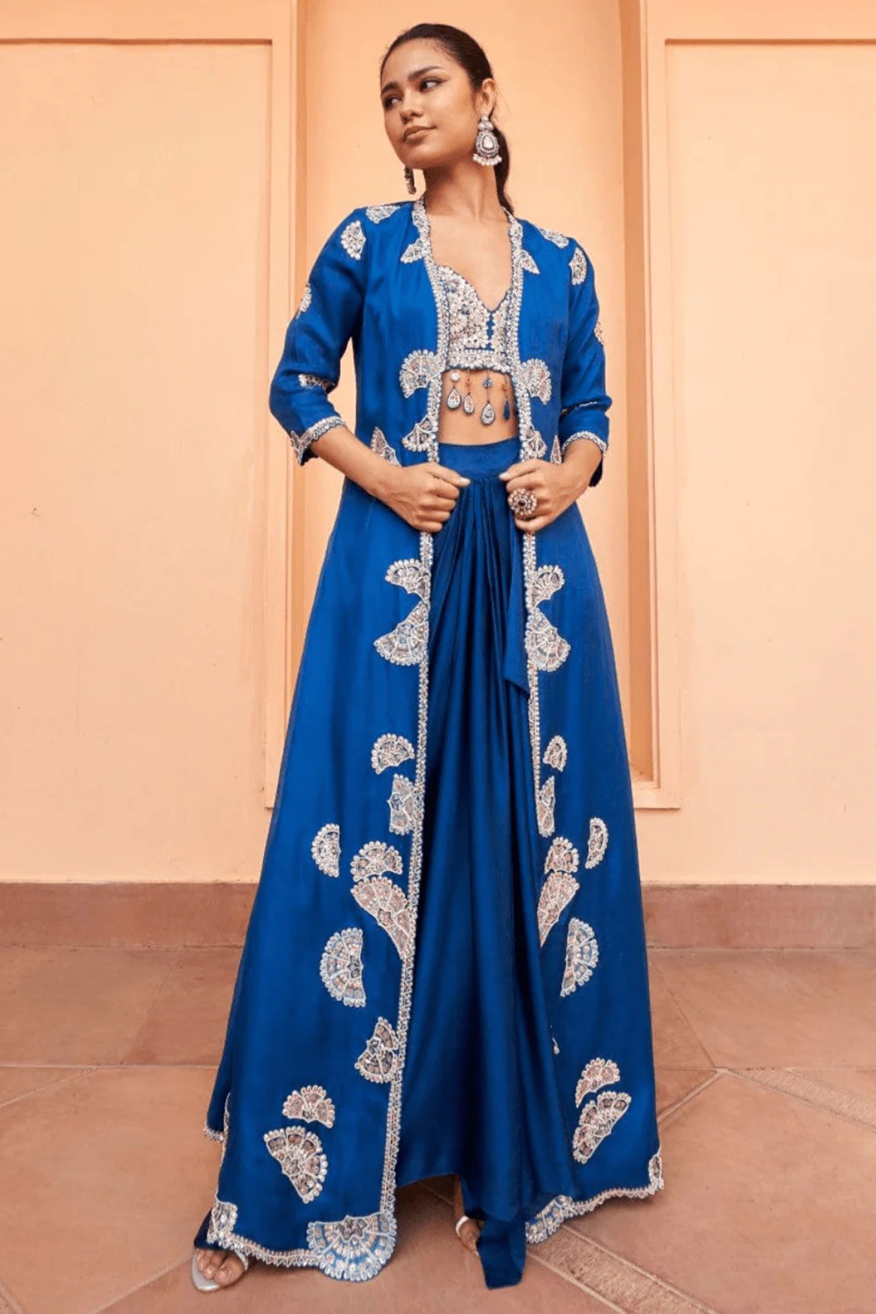 Jade Blue Mulberry Silk Embroidered Jacket Set by OSAA By Adarsh at Pernia's Pop Up Shop