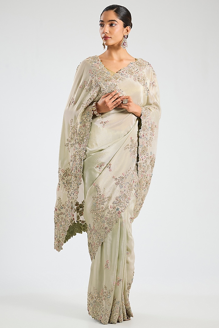 Frost Blue Mulberry Silk Reception Saree Set by OSAA By Adarsh at Pernia's Pop Up Shop