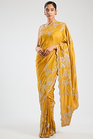 Marigold Yellow Tissue Silk Saree Set by OSAA By Adarsh