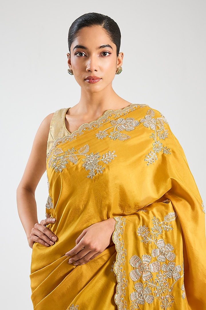 Marigold Yellow Tissue Silk Reception Saree Set by OSAA By Adarsh at Pernia's Pop Up Shop