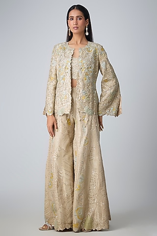Beige Champagne Tissue Silk Zardosi Handcrafted Jacket Set by OSAA By Adarsh