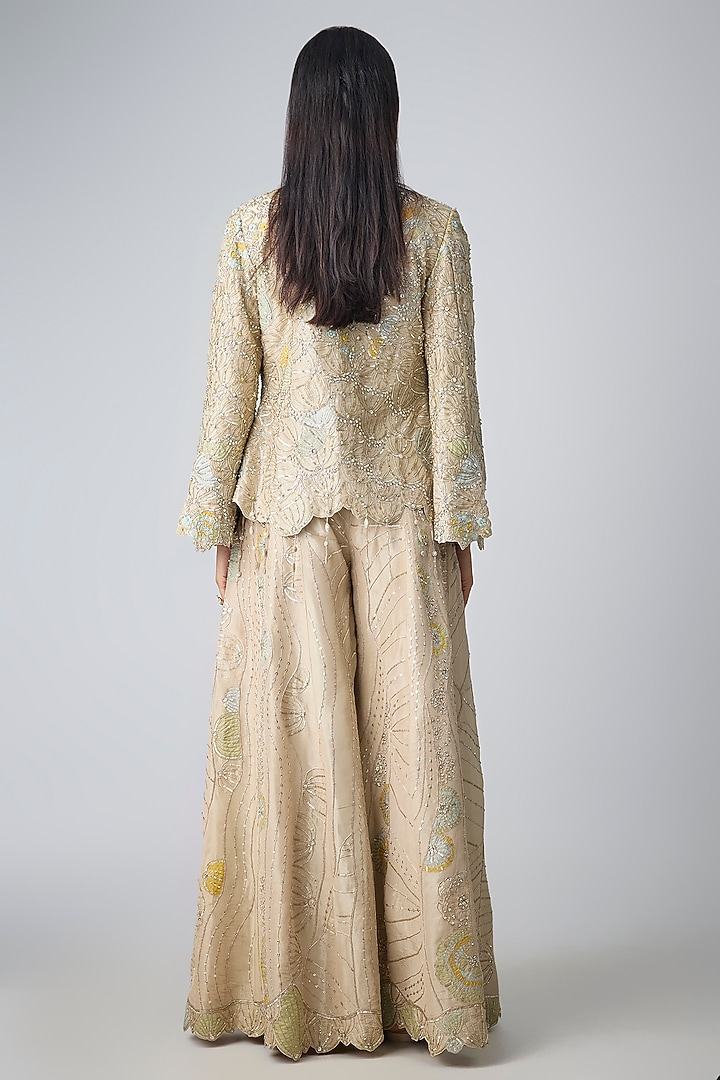 Beige Champagne Tissue Silk Zardosi Handcrafted Jacket Set by OSAA By Adarsh at Pernia's Pop Up Shop