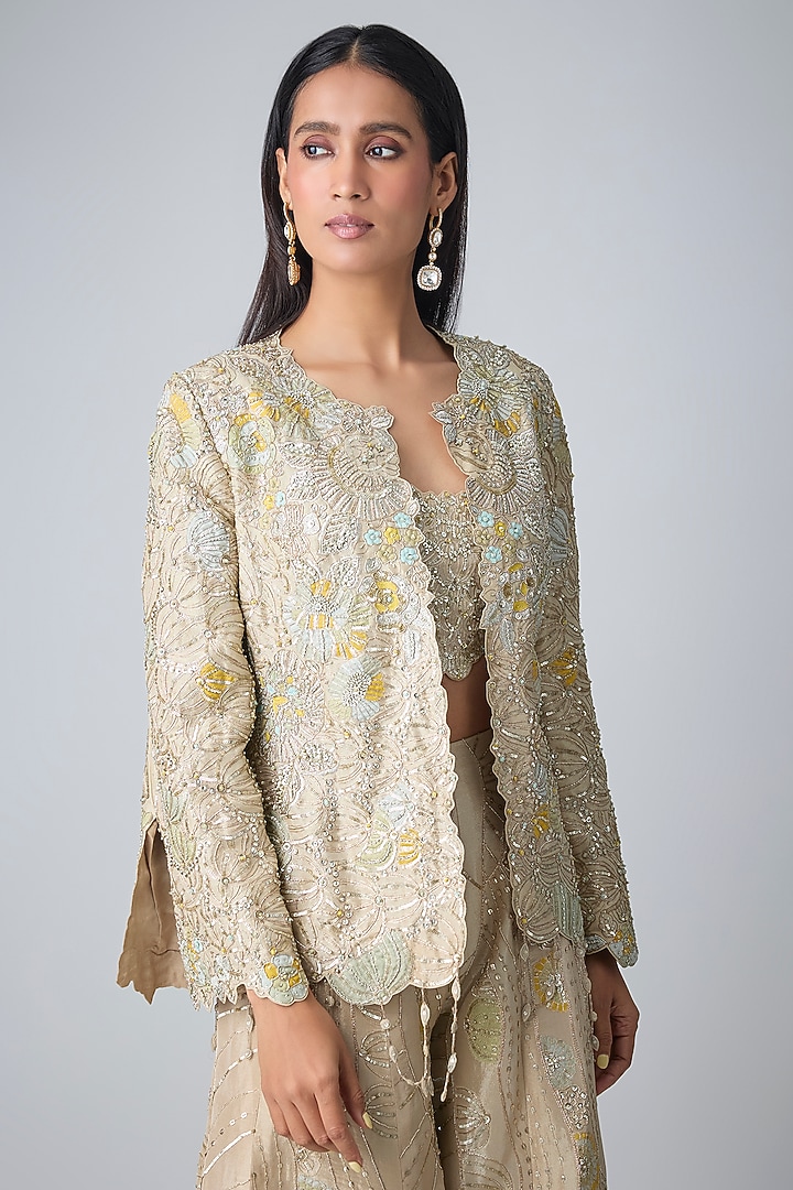 Beige Champagne Tissue Silk Zardosi Handcrafted Jacket Set by OSAA By Adarsh at Pernia's Pop Up Shop