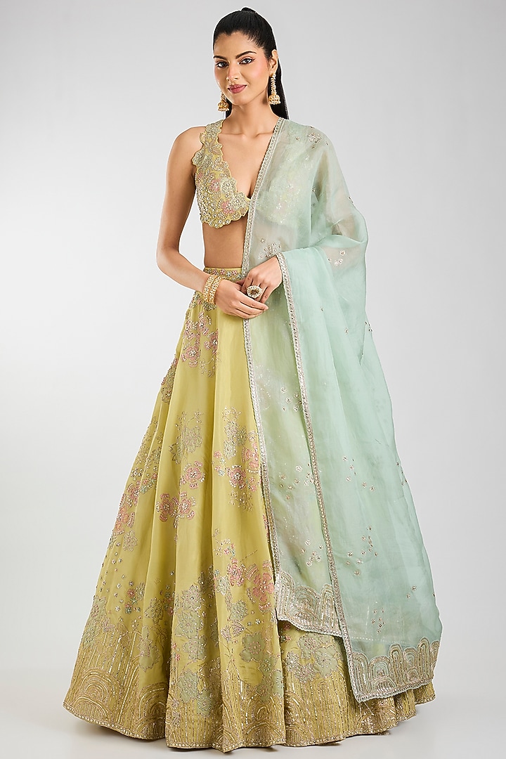 Citrus Yellow Tissue Silk Bridal Lehenga Set by OSAA By Adarsh at Pernia's Pop Up Shop