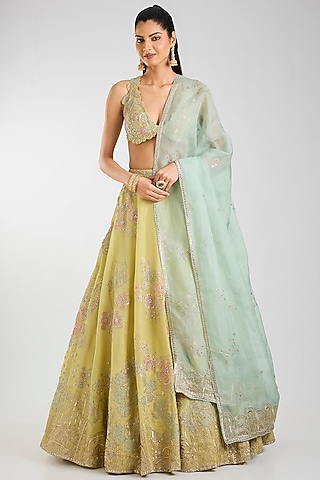 Citrus Yellow Tissue Silk Lehenga Set by OSAA By Adarsh