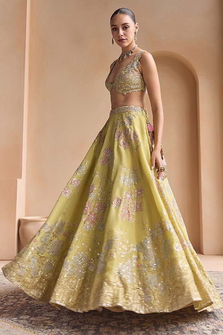 Citrus Yellow Tissue Silk Bridal Lehenga Set by OSAA By Adarsh at Pernia's Pop Up Shop