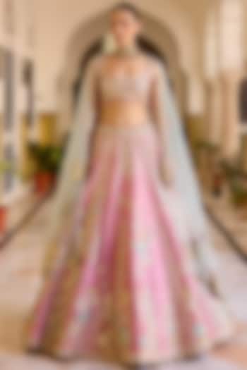 Rosaline Pink Raw Silk Zardosi Hand Embroidered Bridal Lehenga Set by OSAA By Adarsh at Pernia's Pop Up Shop