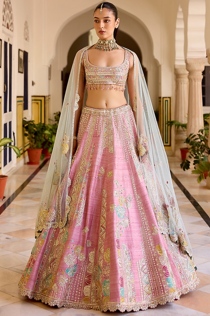 Rosaline Pink Raw Silk Zardosi Hand Embroidered Bridal Lehenga Set by OSAA By Adarsh at Pernia's Pop Up Shop