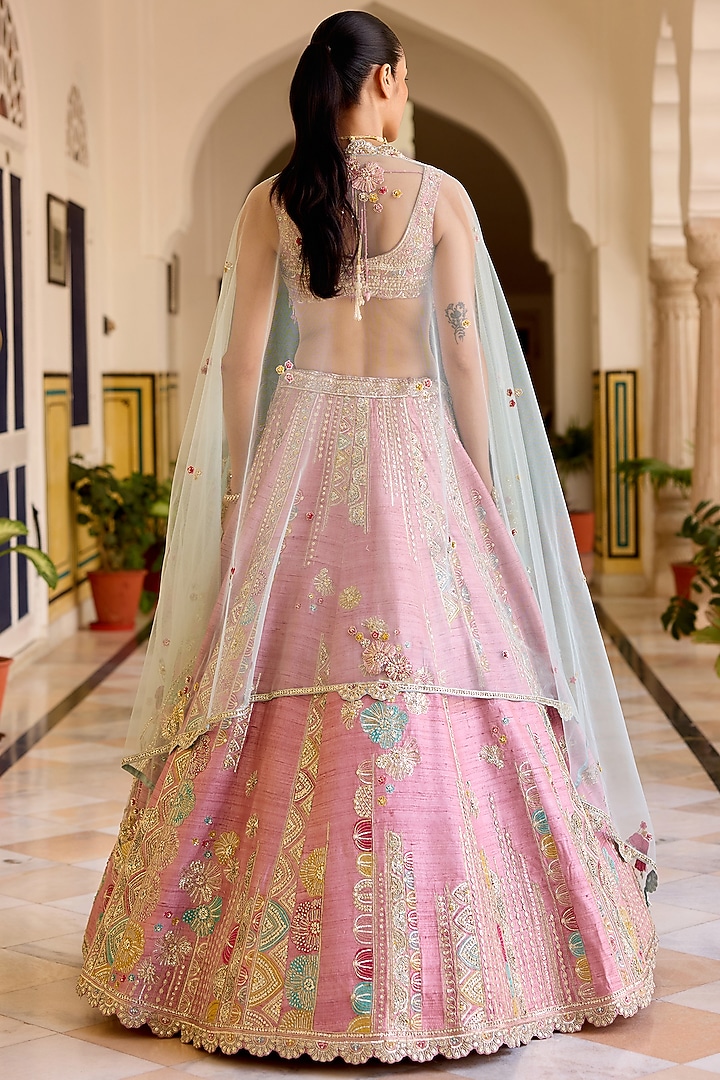Rosaline Pink Raw Silk Zardosi Hand Embroidered Bridal Lehenga Set by OSAA By Adarsh at Pernia's Pop Up Shop
