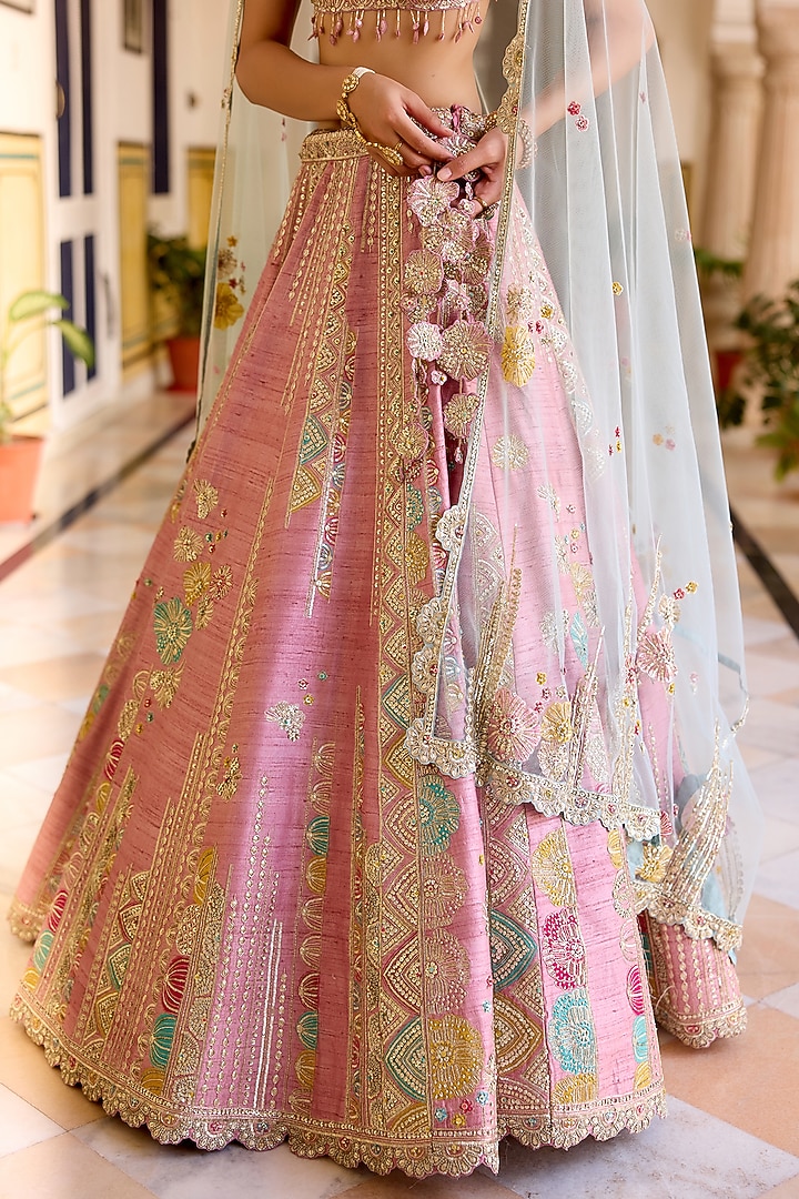 Rosaline Pink Raw Silk Zardosi Hand Embroidered Bridal Lehenga Set by OSAA By Adarsh at Pernia's Pop Up Shop
