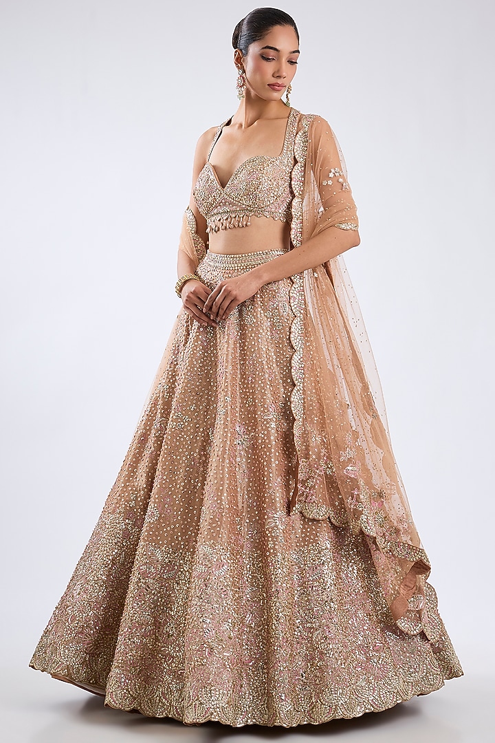 Caramel Taupe Tissue Silk Aari Embroidered Bridal Lehenga Set by OSAA By Adarsh at Pernia's Pop Up Shop