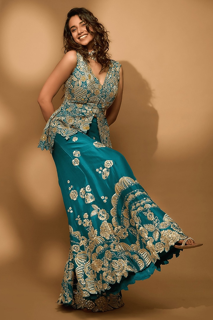 Pine Green Mulberry Silk Zardosi Embroidered Gharara Set by OSAA By Adarsh at Pernia's Pop Up Shop