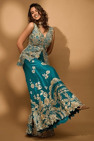 Pine Green Mulberry Silk Zardosi Embroidered Gharara Set by OSAA By Adarsh