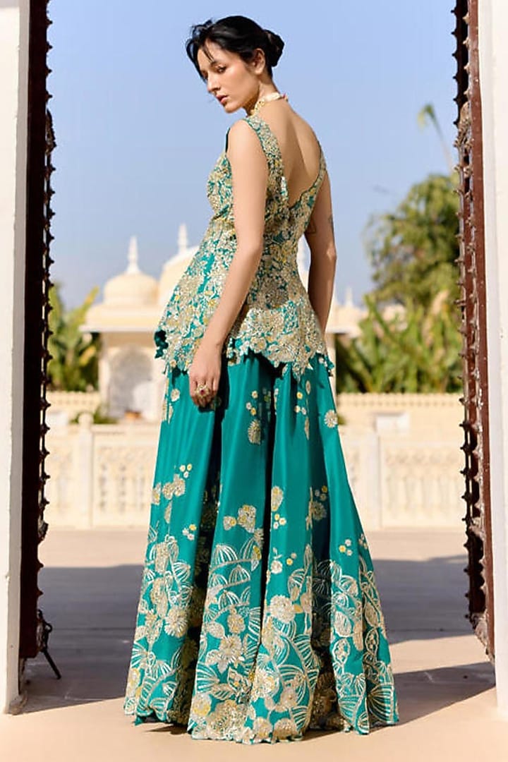 Pine Green Mulberry Silk Zardosi Embroidered Gharara Set by OSAA By Adarsh at Pernia's Pop Up Shop