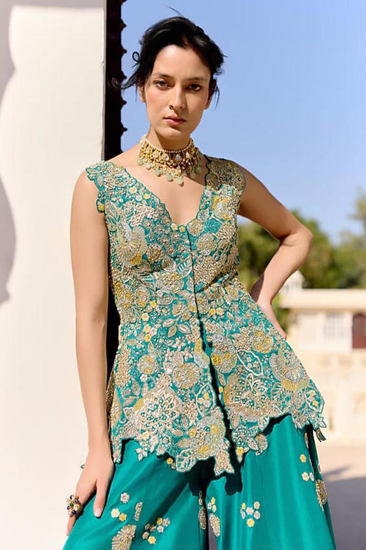 Pine Green Mulberry Silk Zardosi Embroidered Gharara Set by OSAA By Adarsh at Pernia's Pop Up Shop