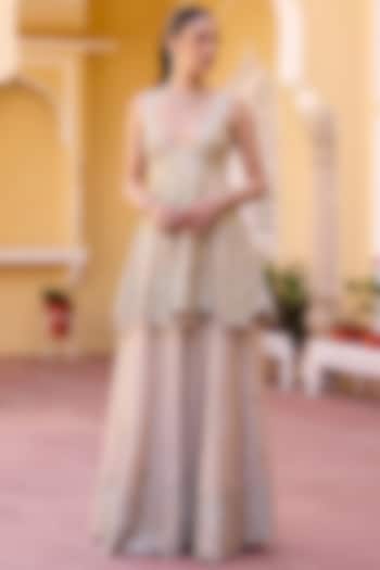 Beige Tissue Silk Zardosi Hand Embroidered Gharara Set by OSAA By Adarsh at Pernia's Pop Up Shop