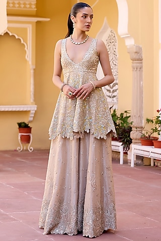 Beige Tissue Silk Zardosi Hand Embroidered Gharara Set by OSAA By Adarsh