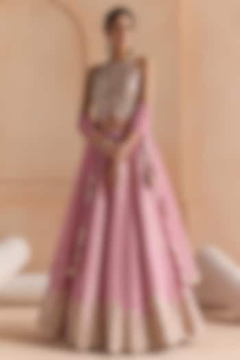 Flamingo Pink Tissue Silk Zardosi Embroidered Wedding Lehenga Set by OSAA By Adarsh at Pernia's Pop Up Shop