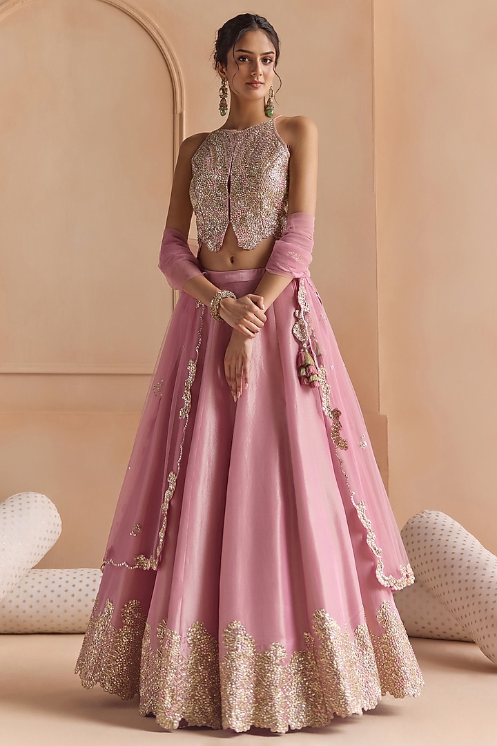 Flamingo Pink Tissue Silk Zardosi Embroidered Wedding Lehenga Set by OSAA By Adarsh at Pernia's Pop Up Shop