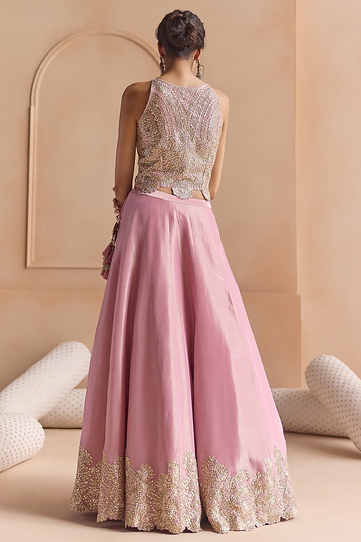 Flamingo Pink Tissue Silk Zardosi Embroidered Wedding Lehenga Set by OSAA By Adarsh at Pernia's Pop Up Shop