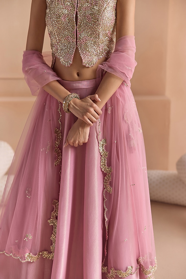 Flamingo Pink Tissue Silk Zardosi Embroidered Wedding Lehenga Set by OSAA By Adarsh at Pernia's Pop Up Shop
