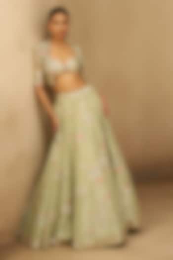 Sage Tissue Silk Zardosi Embroidered Jacket Bridal Lehenga Set by Osaa By Adarsh at Pernia's Pop Up Shop