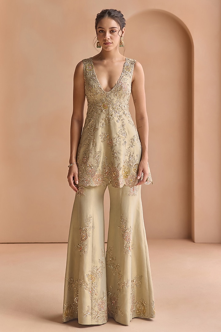 Frost Blue Tissue Silk Aari Embroidered Flared Pant Set by Osaa By Adarsh at Pernia's Pop Up Shop