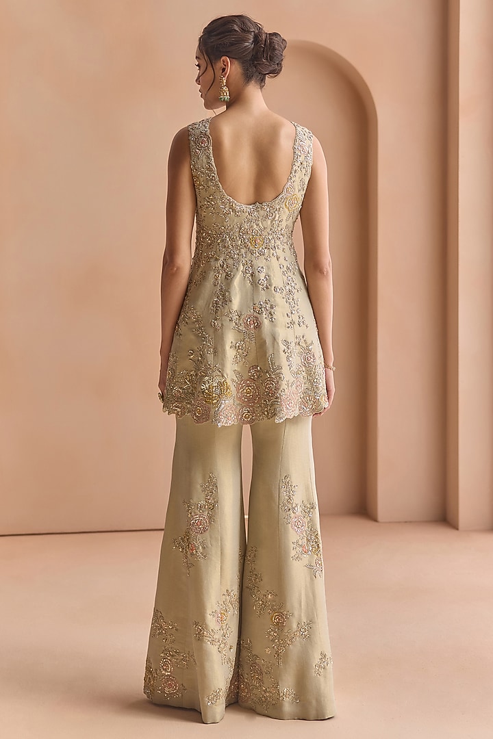 Frost Blue Tissue Silk Aari Embroidered Flared Pant Set by Osaa By Adarsh at Pernia's Pop Up Shop