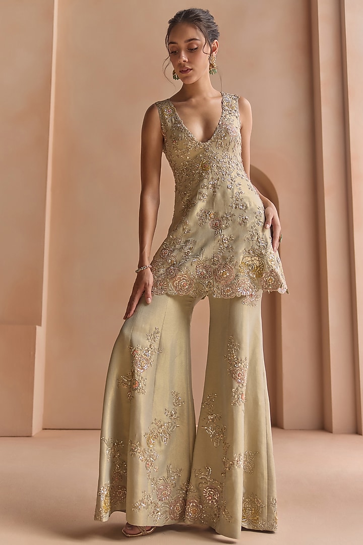 Frost Blue Tissue Silk Aari Embroidered Flared Pant Set by Osaa By Adarsh at Pernia's Pop Up Shop