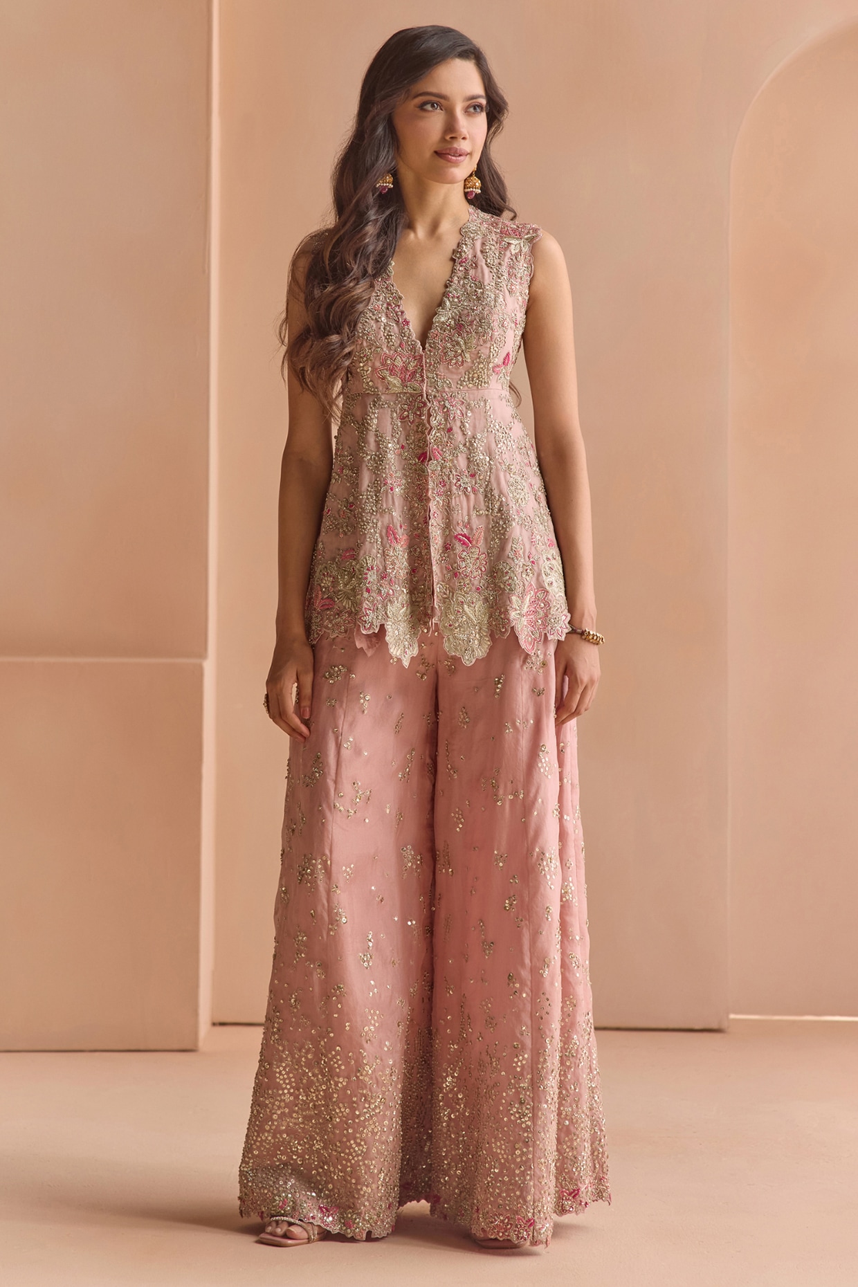 Osaa By Adarsh Camellia Pink Organza Aari Embroidered Gharara Set