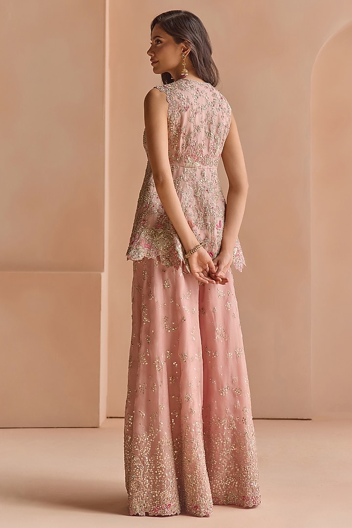 Camellia Pink Organza Aari Embroidered Gharara Set by Osaa By Adarsh at Pernia's Pop Up Shop