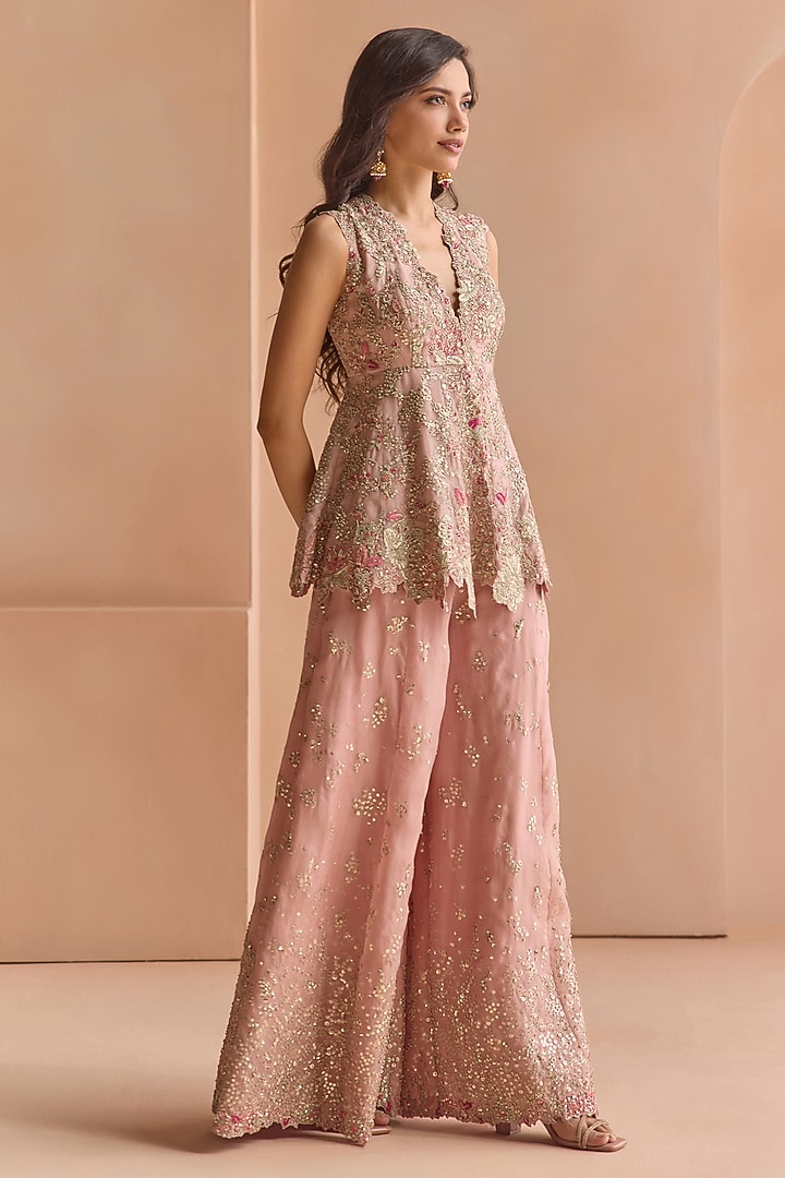 Camellia Pink Organza Aari Embroidered Gharara Set by Osaa By Adarsh at Pernia's Pop Up Shop