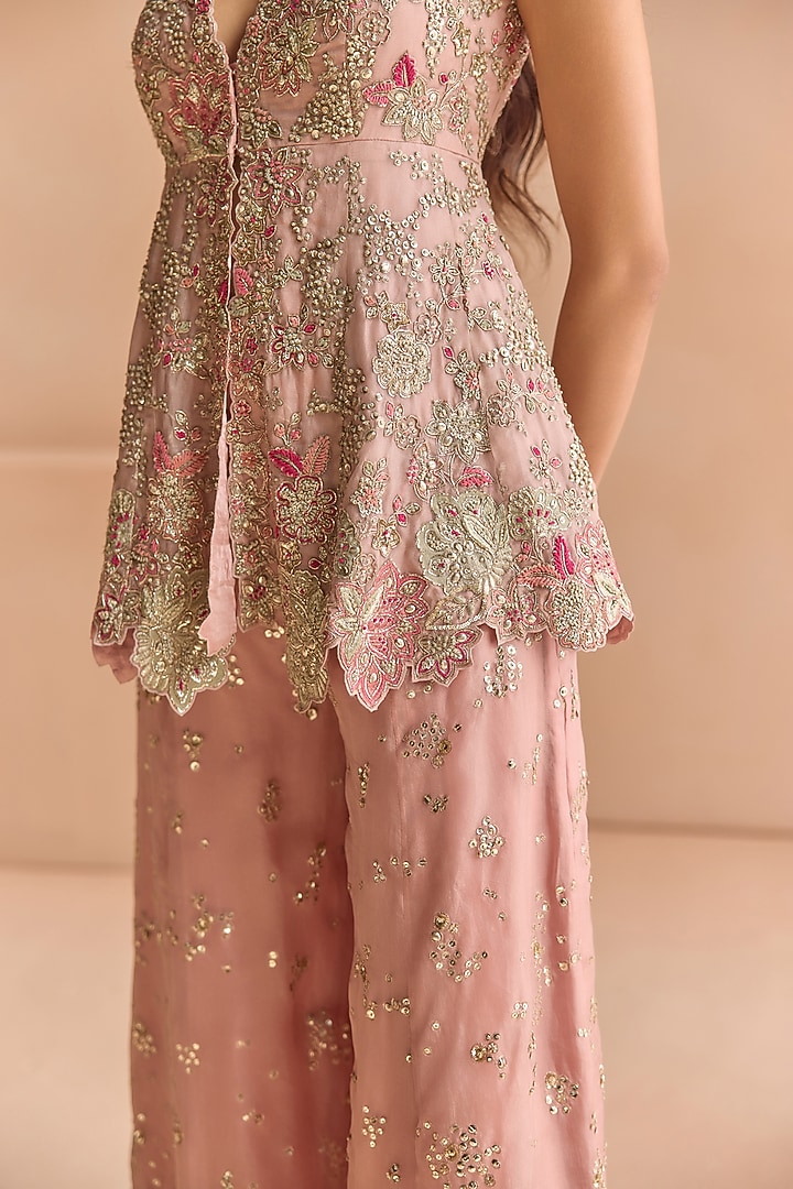 Camellia Pink Organza Aari Embroidered Gharara Set by Osaa By Adarsh at Pernia's Pop Up Shop