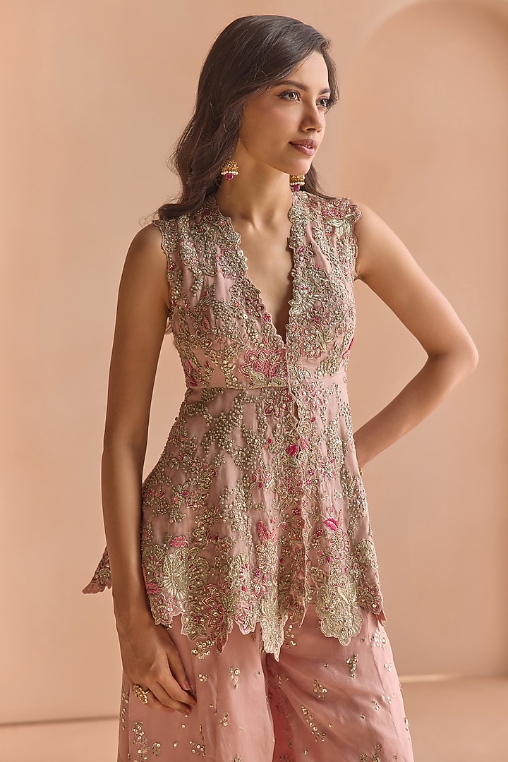 Camellia Pink Organza Aari Embroidered Gharara Set by Osaa By Adarsh at Pernia's Pop Up Shop
