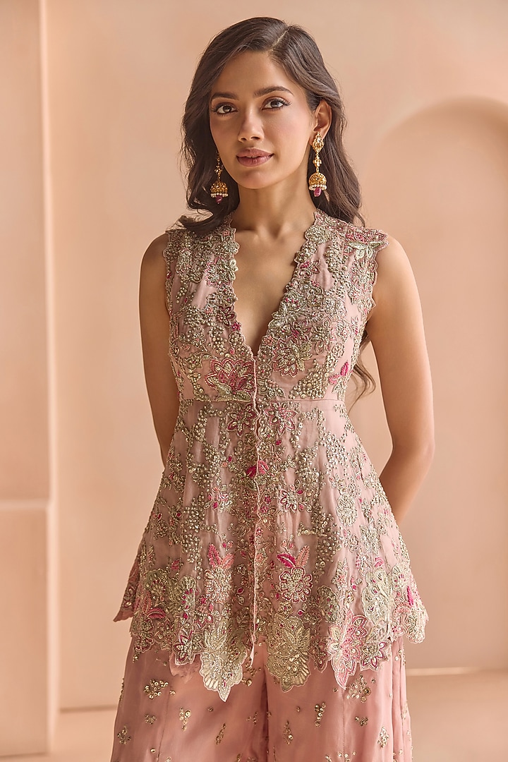 Camellia Pink Organza Aari Embroidered Gharara Set by Osaa By Adarsh at Pernia's Pop Up Shop
