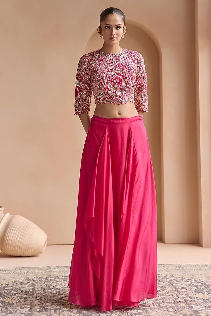 Scarlet Pink Mulberry Silk Aari Embroidered Skirt Set by Osaa By Adarsh at Pernia's Pop Up Shop