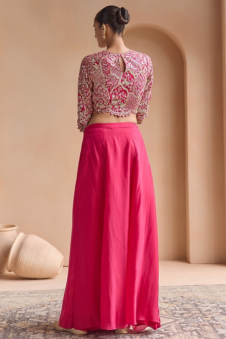 Scarlet Pink Mulberry Silk Aari Embroidered Skirt Set by Osaa By Adarsh at Pernia's Pop Up Shop