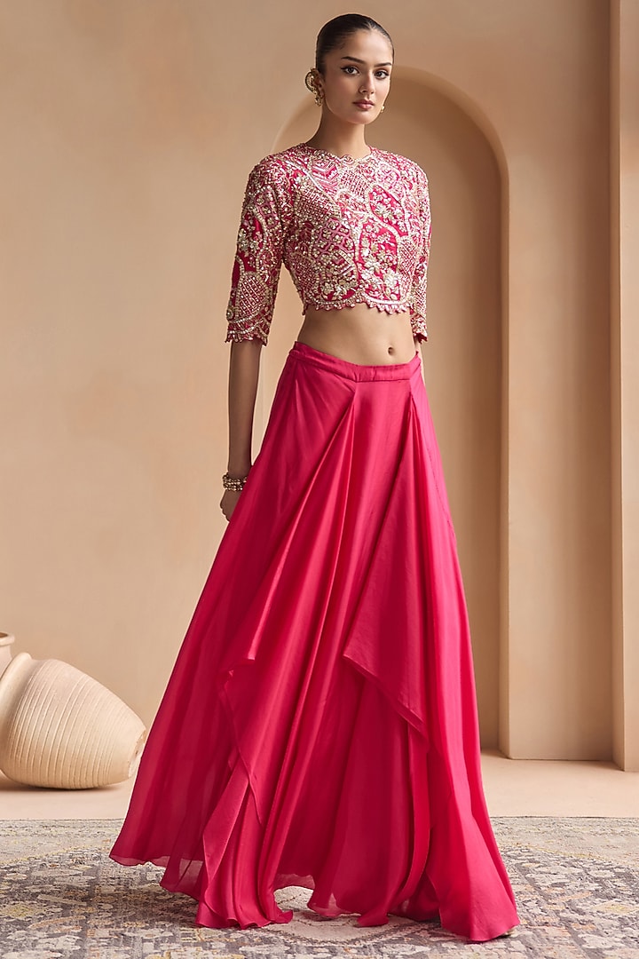 Scarlet Pink Mulberry Silk Aari Embroidered Skirt Set by Osaa By Adarsh at Pernia's Pop Up Shop