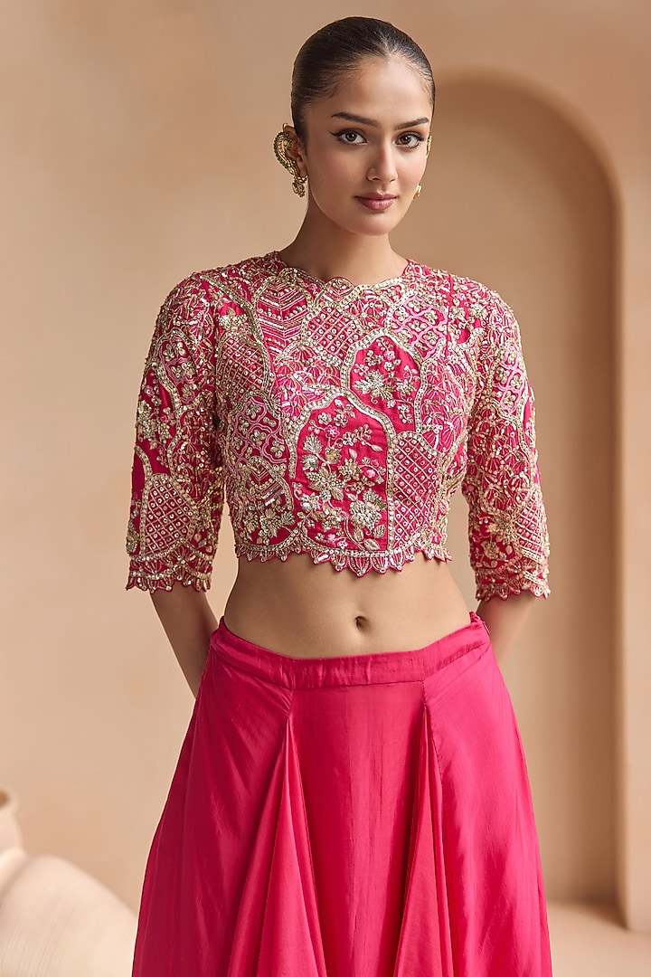 Scarlet Pink Mulberry Silk Aari Embroidered Skirt Set by Osaa By Adarsh at Pernia's Pop Up Shop