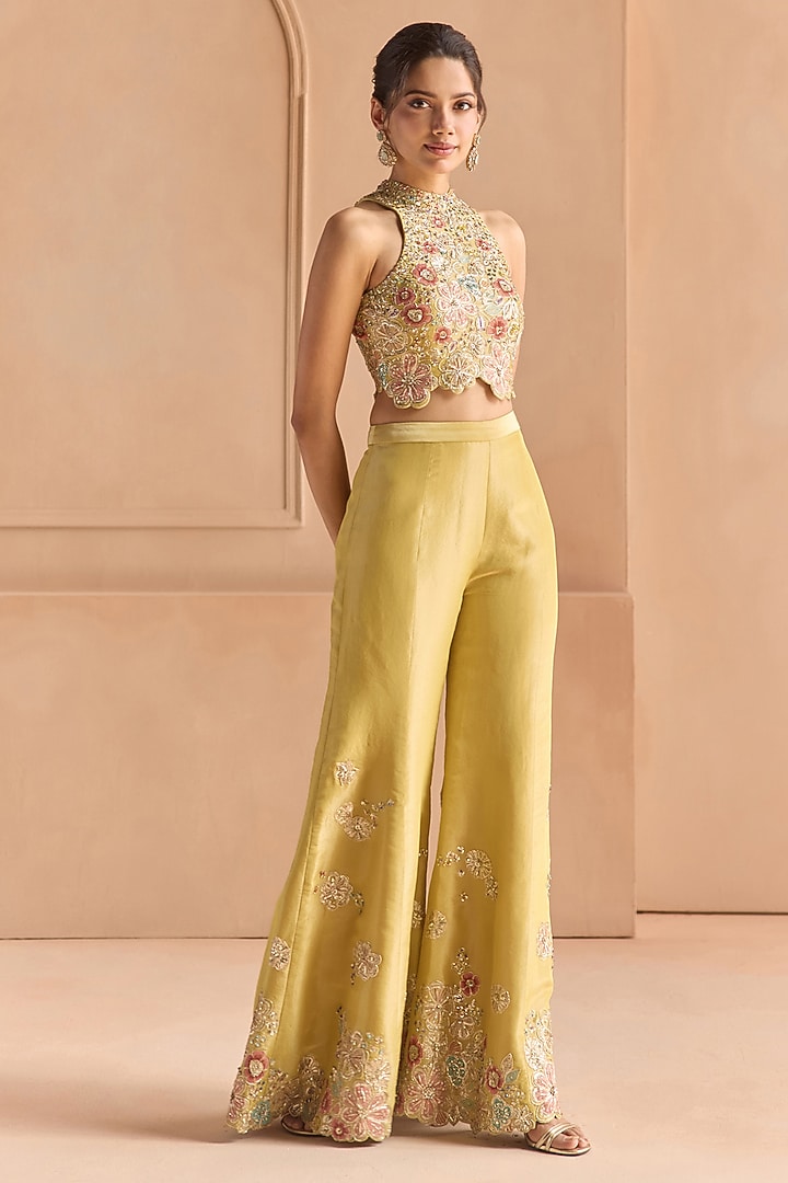 Butter Yellow Tissue Silk Aari Embroidered Flared Pant Set by Osaa By Adarsh at Pernia's Pop Up Shop
