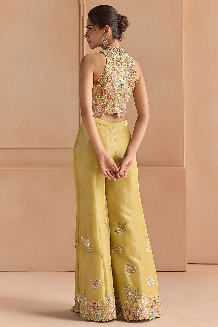 Butter Yellow Tissue Silk Aari Embroidered Flared Pant Set by Osaa By Adarsh at Pernia's Pop Up Shop