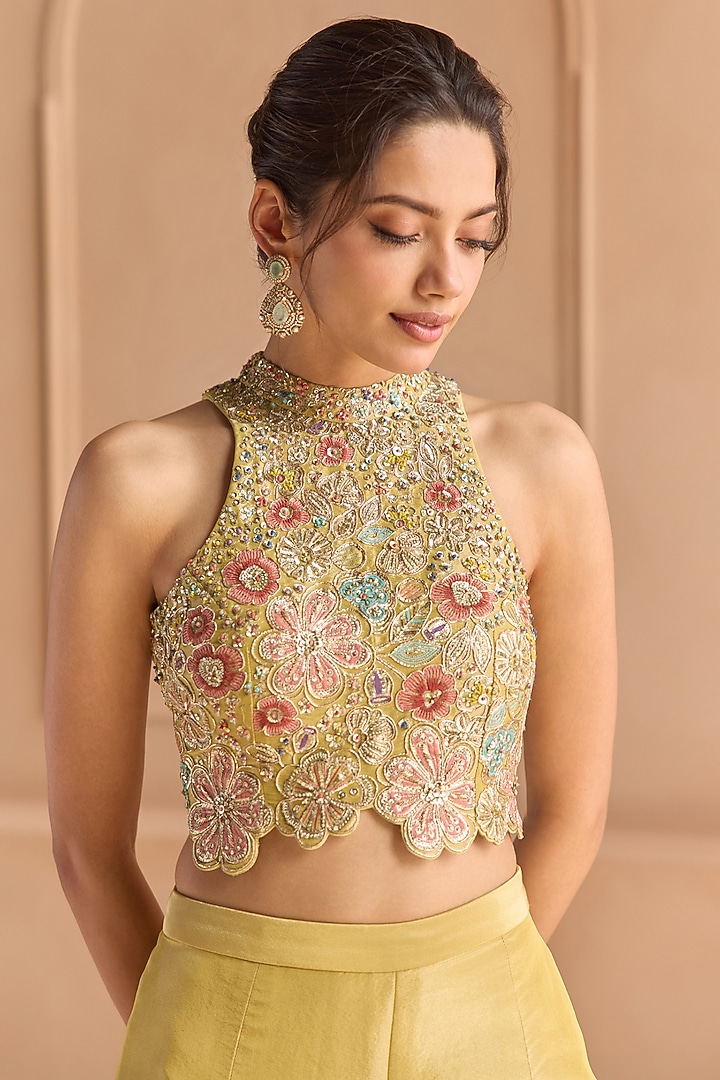 Butter Yellow Tissue Silk Aari Embroidered Flared Pant Set by Osaa By Adarsh at Pernia's Pop Up Shop